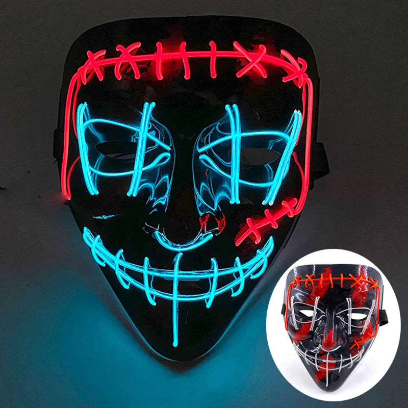 LED Halloween masker – draadloos lichtgevend party masker met meerdere stijlen en knipperende effecten, perfect voor Halloween, feestjes en cosplay voor kinderen en volwassenen.