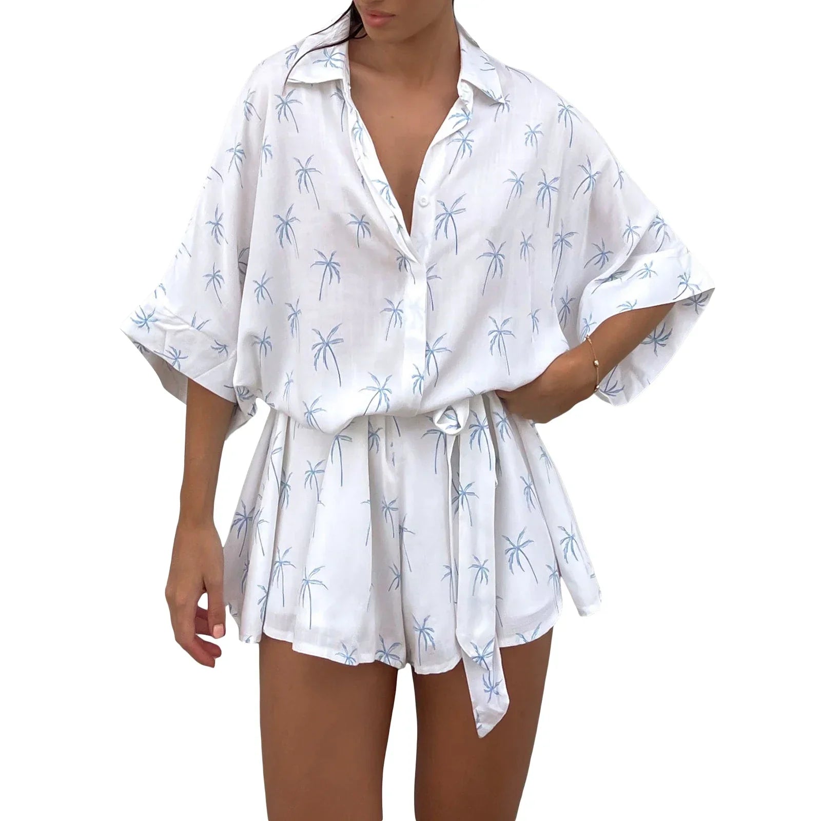 Korte mouw geborduurde blouse set met ceintuur van lichte, ademende stof met elegante pasvorm en verfijnde details.