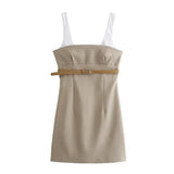 Beige Mini Jurk met Taille Riem