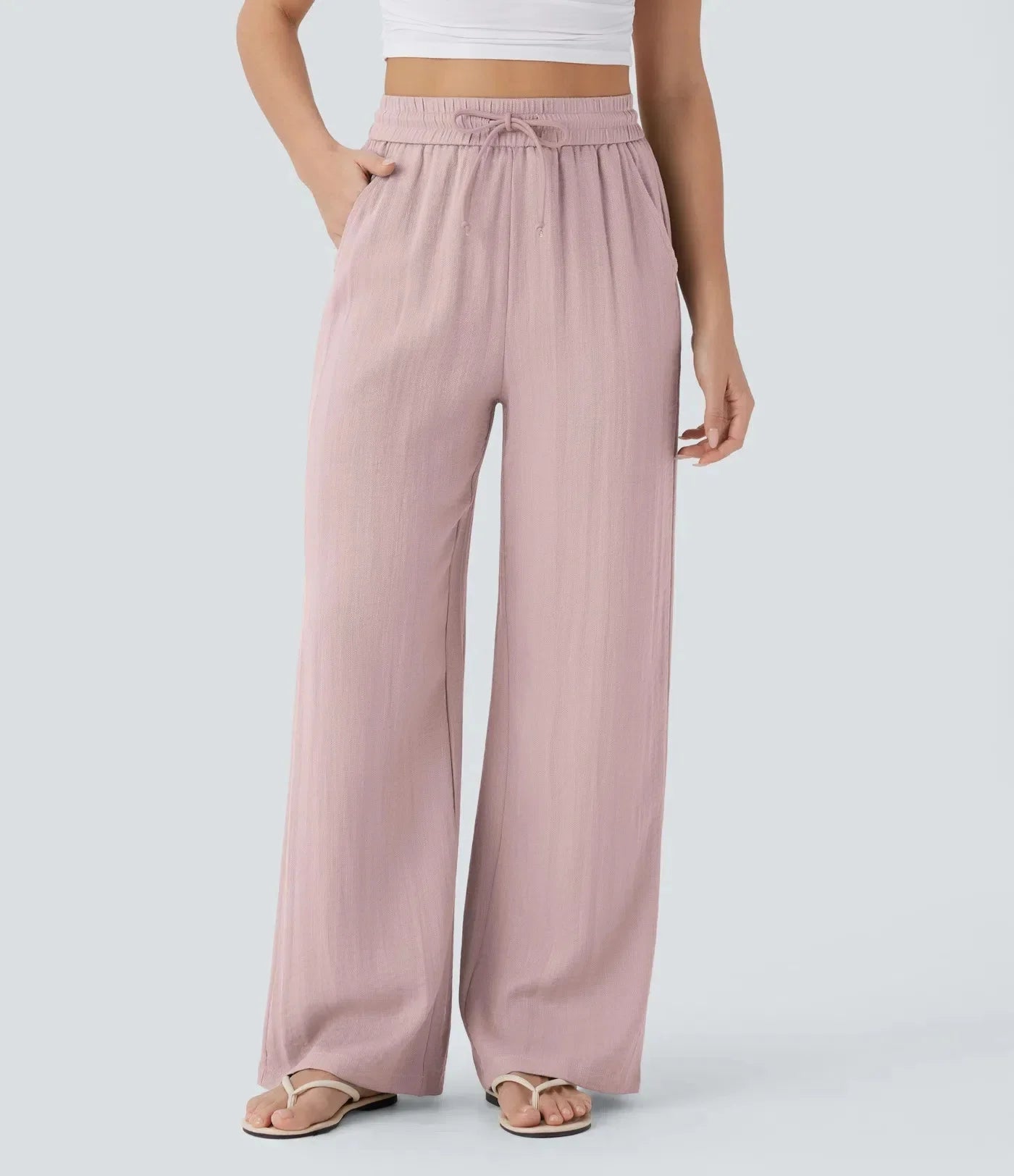 Casual linnen broek voor dames – hoge taille en wijde pijpen voor een luchtige, stijlvolle en comfortabele zomerse look.