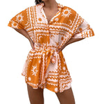 Korte mouw geborduurde blouse set met ceintuur van lichte, ademende stof met elegante pasvorm en verfijnde details.