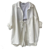 Zomerse dames 2-delige set – lange blouse en hoge taille shorts, een frisse en luchtige outfit voor warmere dagen. Ideaal voor casual zomerlooks of ontspannen buitenactiviteiten.