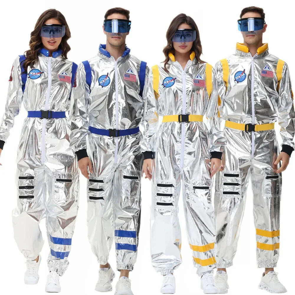 Halloween kostuum – zilverkleurig astronautenpak voor volwassenen en tieners, compleet en comfortabel outfit, ideaal voor Halloween, cosplay en verkleedfeesten.