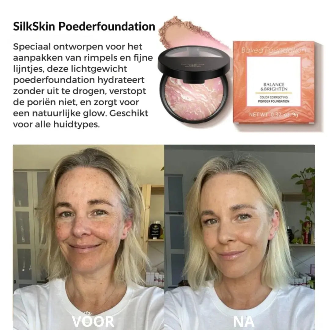SilkSkin foundation poeder – fluweelzachte afwerking voor een vlekkeloze huid. Zorgt voor een natuurlijke dekking en langdurige glans zonder uit te drogen.