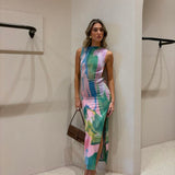 Maxi Jurk met Abstracte Print en Hoge Hals