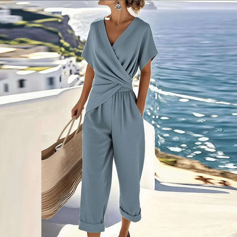 Overslag Jumpsuit met Korte Mouwen en Tailleband