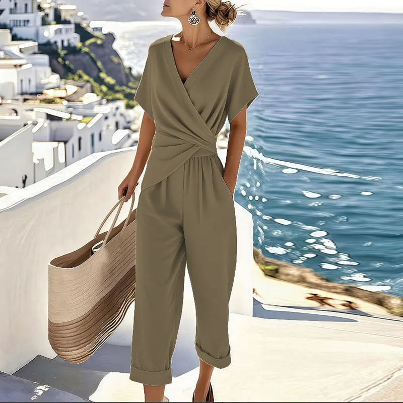 Overslag Jumpsuit met Korte Mouwen en Tailleband