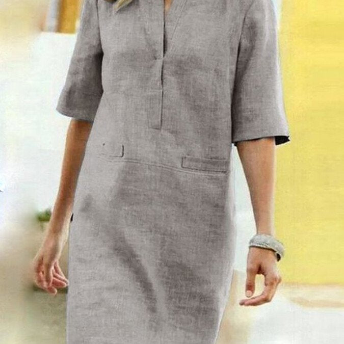 Linnen Look Jurk met Halve Mouwen en Relaxte Pasvorm