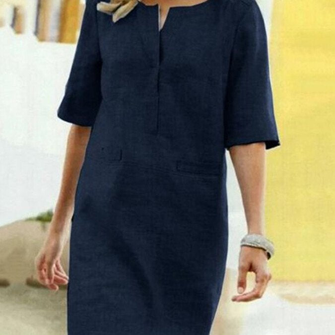 Linnen Look Jurk met Halve Mouwen en Relaxte Pasvorm