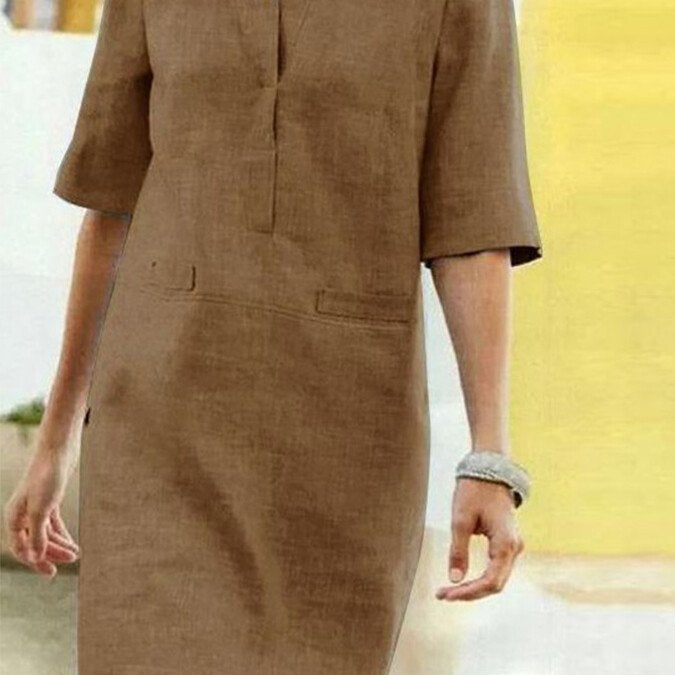 Linnen Look Jurk met Halve Mouwen en Relaxte Pasvorm