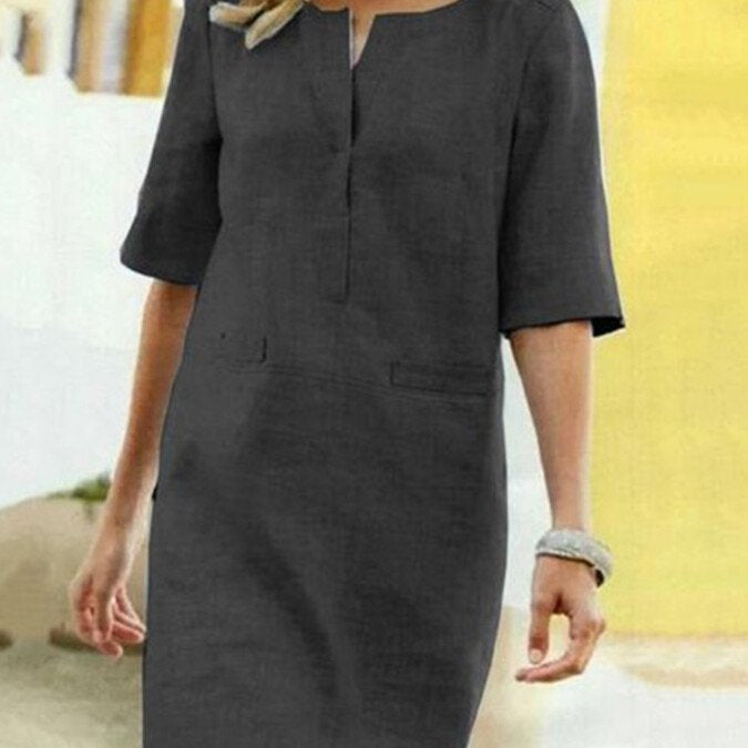 Linnen Look Jurk met Halve Mouwen en Relaxte Pasvorm