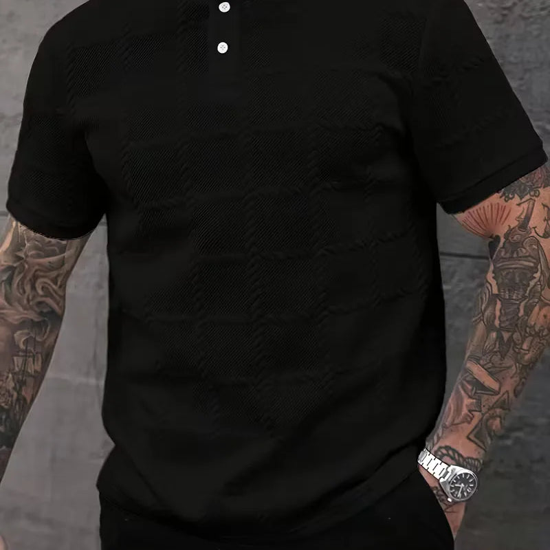 Heren T Shirt Met Structuur En Korte Knopenrij