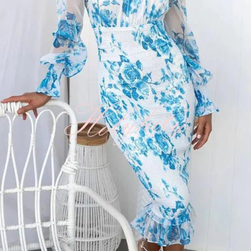 Dames Midi Jurk met Bloemenprint en Wijde Mouwen