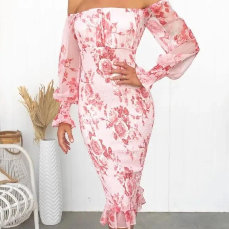 Dames Midi Jurk met Bloemenprint en Wijde Mouwen