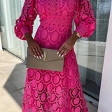 Fuchsia Kant Midi Jurk met Lange Mouwen