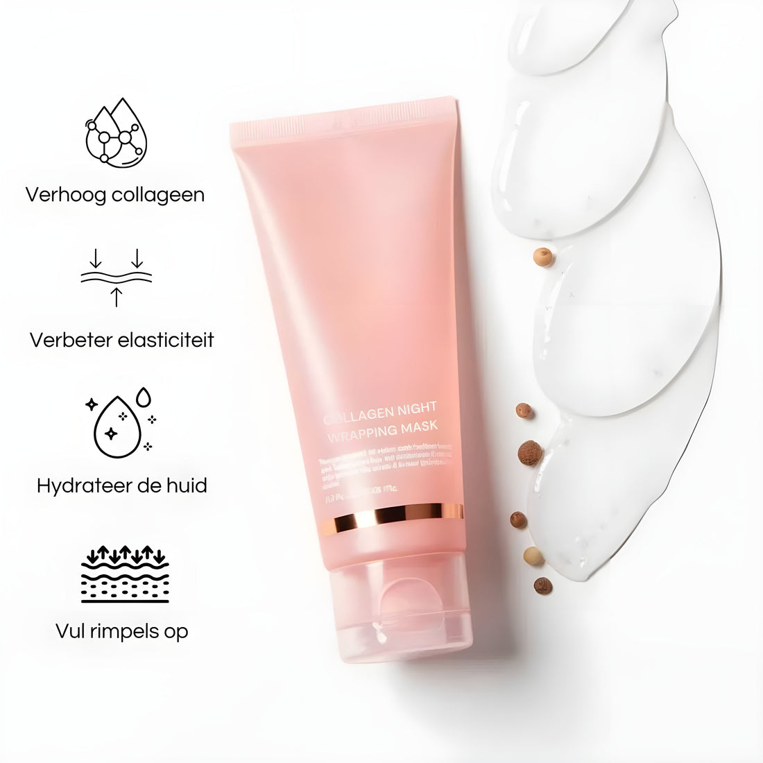 Collageen nachtmasker – revitaliserend masker voor een zachte, gehydrateerde huid. Rijk aan collageen en voedende ingrediënten, ideaal voor nachtelijke verzorging en het verminderen van fijne lijntjes.