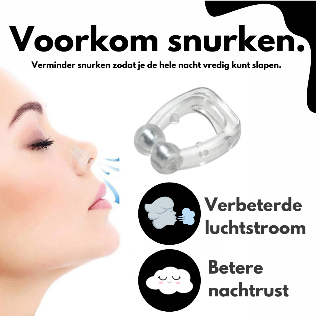 Snurk Stopper – Transparante anti-snurk neusclip in opbergdoosje, ontworpen voor comfortabel gebruik tijdens de nacht om snurken te verminderen.