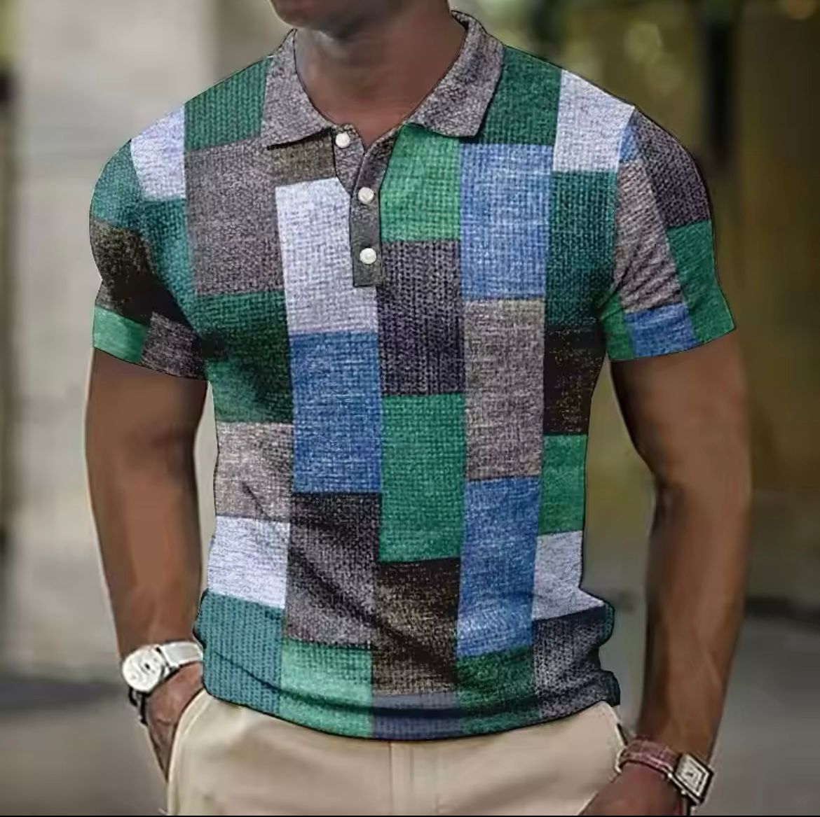 Heren Polo met Geometrisch Patchworkpatroon