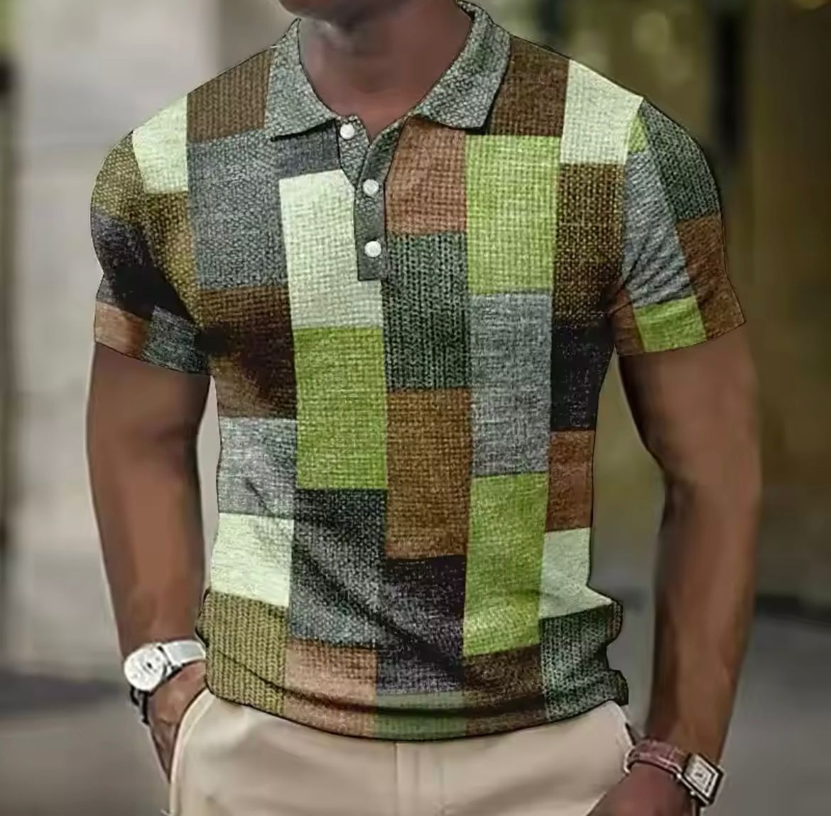 Heren Polo met Geometrisch Patchworkpatroon