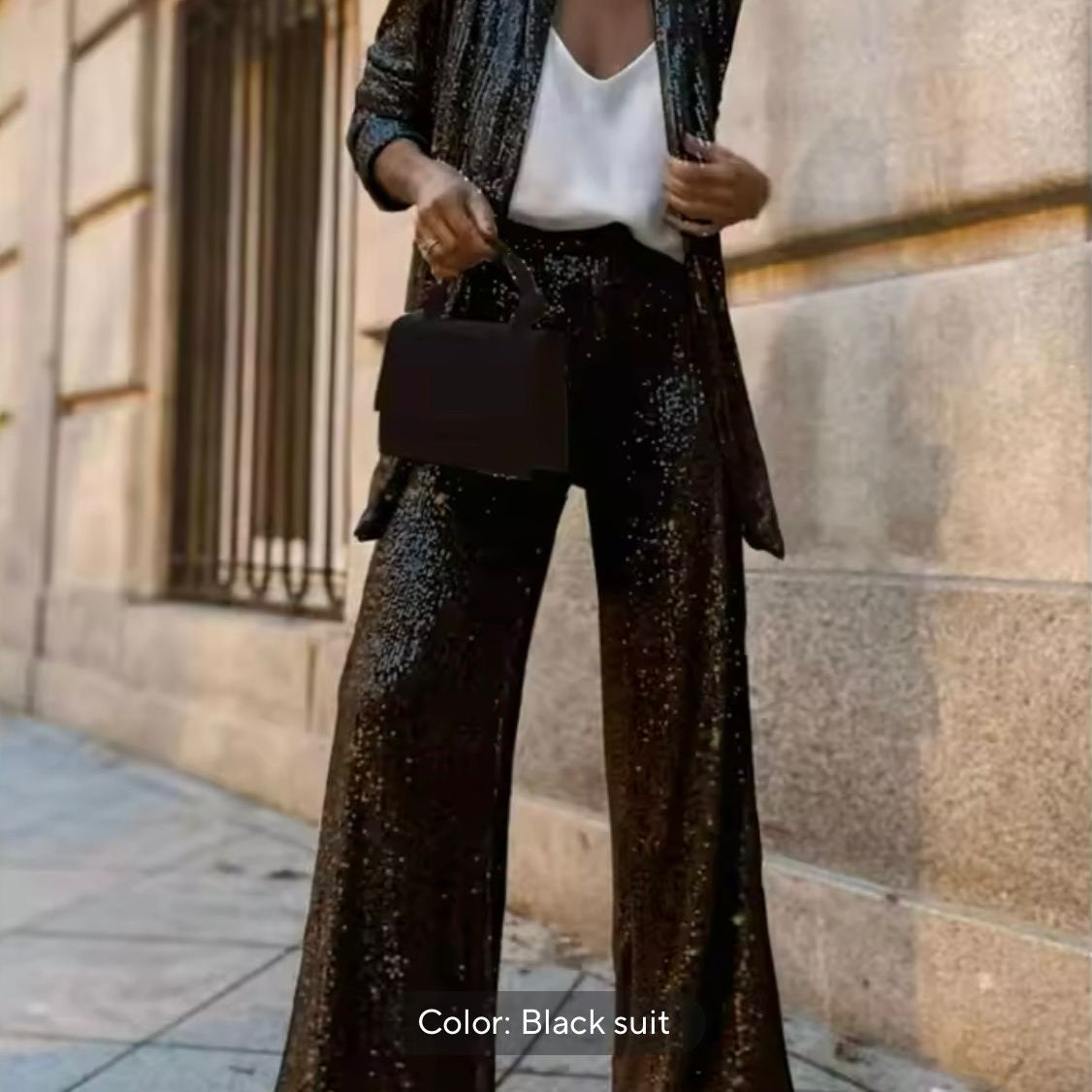 Pailletten Tweedelige Set met Blazer en Wijde Broek