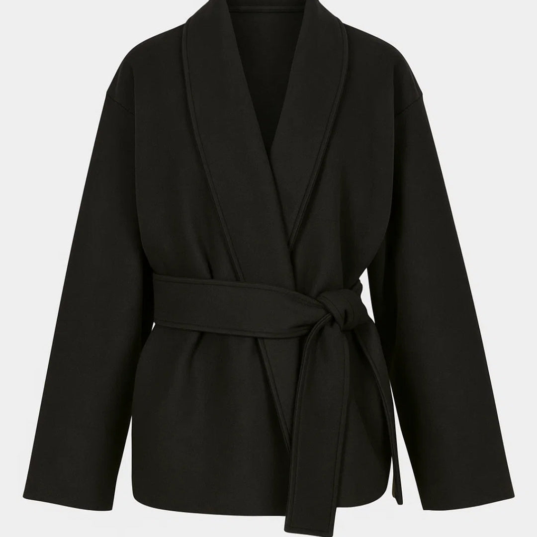 Elegante Overslag Jas met Tailleband en Sjaalkraag