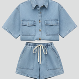Denim Tweedelige Set met Overhemd en Shorts  Product Description