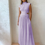 Elegante Maxi Jurk met Hoge Hals en Taille Detail