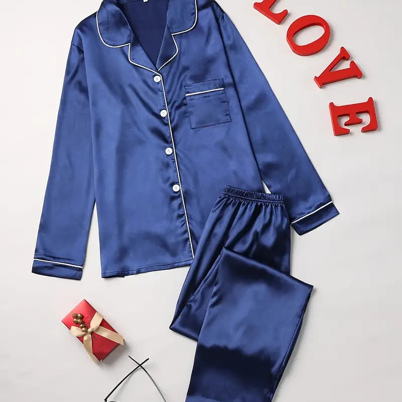 Satijnen Pyjamaset met Contrastbies