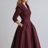 Elegante A-Lijn Midi Jurk met V-Hals en Lange Mouwen