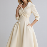 Elegante A-Lijn Midi Jurk met V-Hals en Lange Mouwen