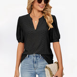 Losse Blouse met V-Hals & Gepofte Mouwen voor Dames – Elegante en Luchtige Blouse voor Zomeroutfits, Perfect voor Casual Chic Looks of Kantoorstijl.