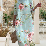 Dames Midi Jurk met Bloemenprint en 3/4 Mouwen