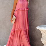 Dames Maxi Jurk met Gelaagde Rok en Ronde Hals