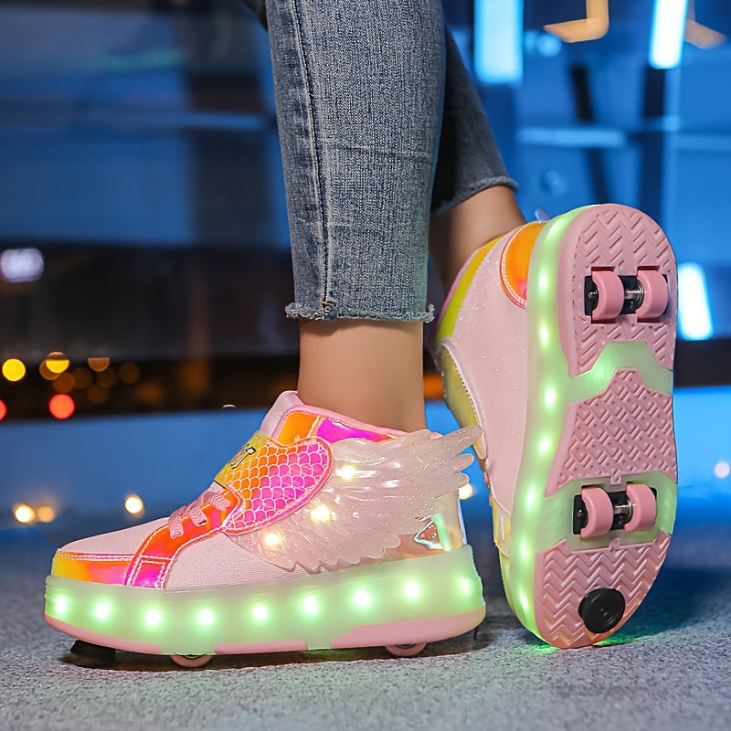 GlowSkate USB oplaadbare rolschaats sneakers met licht en vleugels – kleurrijke en comfortabele sneakers voor meisjes en tieners, ideaal voor plezier, buitenactiviteiten en avondritten.