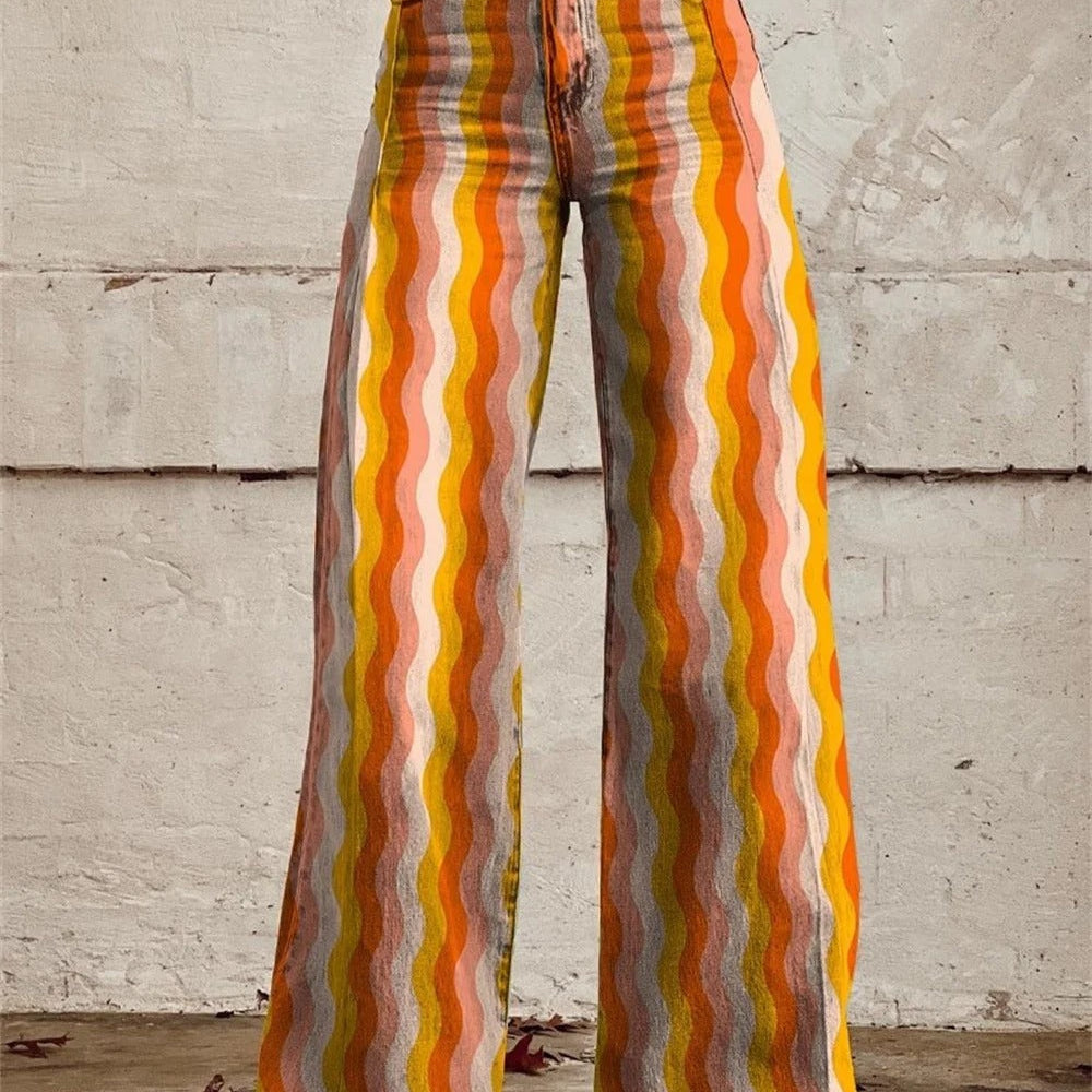 Dames broek met gestreepte print en wijde pijpen