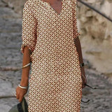 Casual Print Jurk met V-Hals en Losse Pasvorm