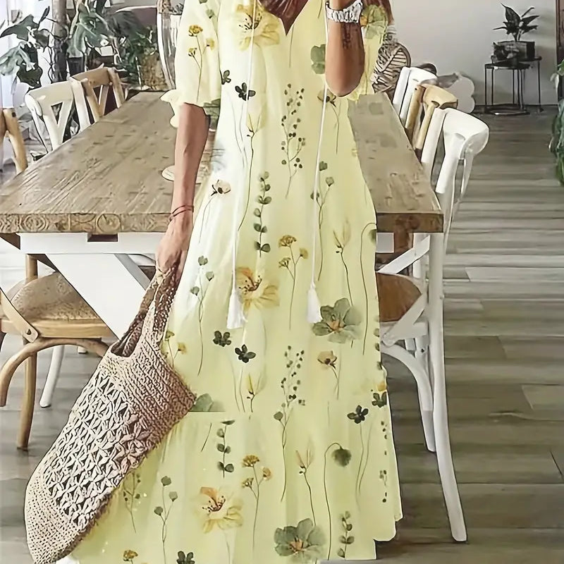 Dames Midi Jurk met Bloemenprint en V-hals