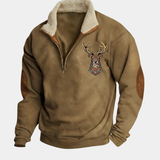 Half-zip trui voor heren met hertenmotief en fleecevoering
