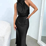 Elegante Halter Maxi Jurk met Hoge Hals en Soepele Pasvorm
