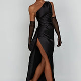 Elegante One Shoulder Maxi Jurk met Split en Gedrapeerd Design