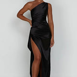Elegante One Shoulder Maxi Jurk met Split en Gedrapeerd Design