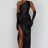 Elegante One Shoulder Maxi Jurk met Split en Gedrapeerd Design