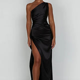 Elegante One Shoulder Maxi Jurk met Split en Gedrapeerd Design