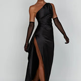 Elegante One Shoulder Maxi Jurk met Split en Gedrapeerd Design