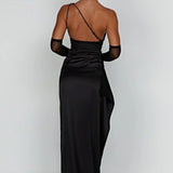 Elegante One Shoulder Maxi Jurk met Split en Gedrapeerd Design