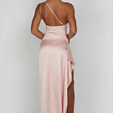 Elegante One Shoulder Maxi Jurk met Split en Gedrapeerd Design