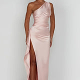 Elegante One Shoulder Maxi Jurk met Split en Gedrapeerd Design