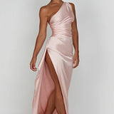 Elegante One Shoulder Maxi Jurk met Split en Gedrapeerd Design