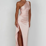 Elegante One Shoulder Maxi Jurk met Split en Gedrapeerd Design