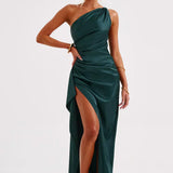 Elegante One Shoulder Maxi Jurk met Split en Gedrapeerd Design
